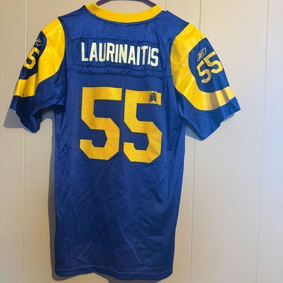BUNDLE‎  St. Louis Rams Kids XL Blue Yellow #55 LAURINAITIS Jersey & men L Tee - Picture 8 of 13